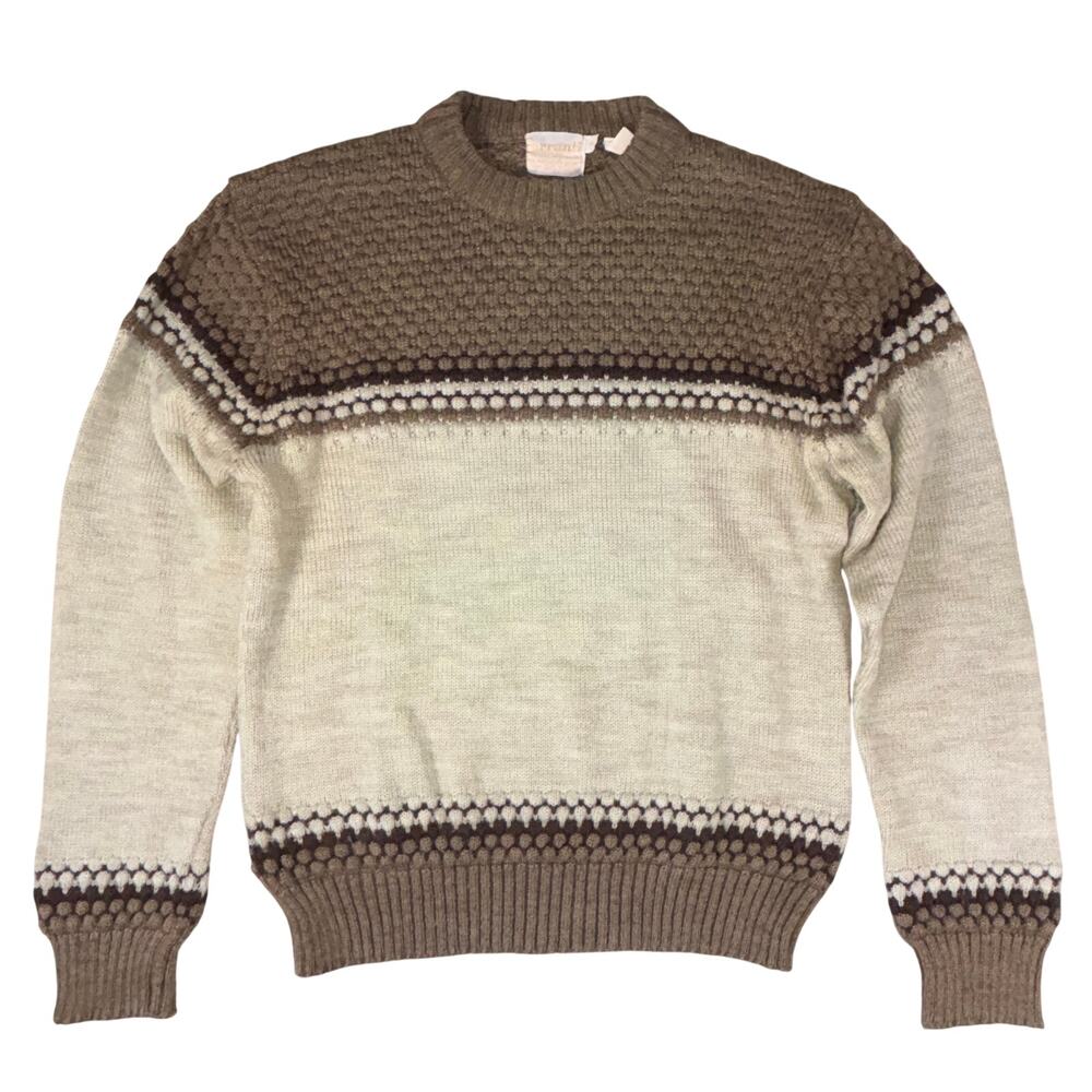 Vintage Ferranti California Sweater M Popcorn Knit Brown Cream Fair Isle Taiwan